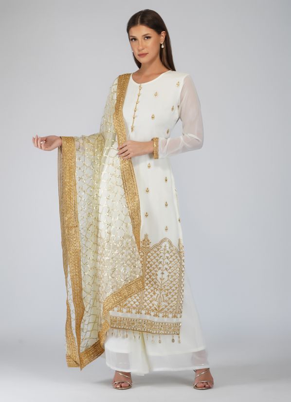 Off-White Georgette Ladies Suit With Sharara & Dupatta