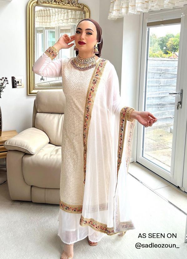 Buy White Georgette Indian Suit With Palazzo & Dupatta