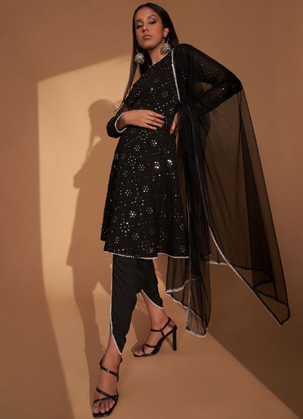 Black Georgette Embroidered Ladies Suit With Churidar & Dupatta