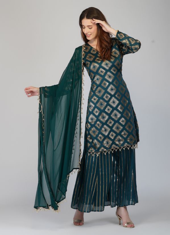Buy Dark Green Satin Indian Suit With Sharara & Dupatta
