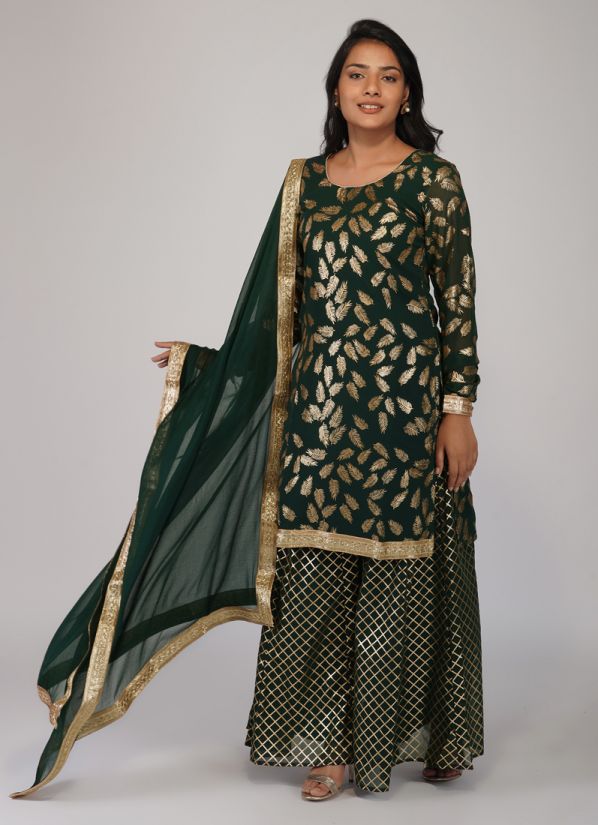 Buy Dark Green Satin Georgette Indian Suit with Sharara & Dupatta