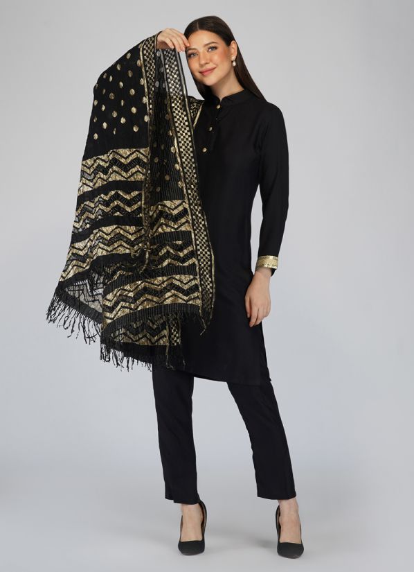 Buy Black Rayon Ladies Suit With Georgette Jacquard Dupatta & Trouser