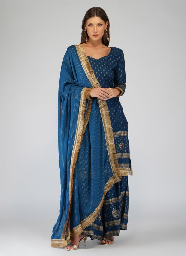 Blue Rayon Printed Suit With Sharara & Dupatta