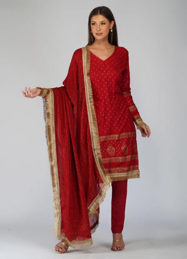 Red Rayon Printed Suit With Trouser & Dupatta
