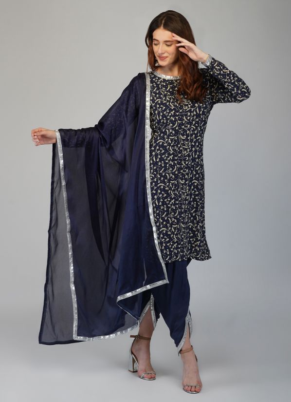Buy Navy Blue Rayon Printed Suit With Pant & Chiffon Dupatta