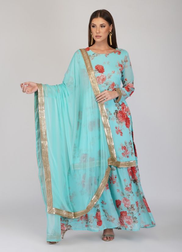 Buy Blue Georgette Indian Suit with Sharara & Dupatta
