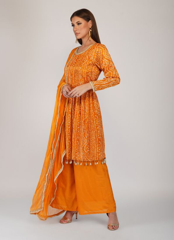 Buy Orange Chinon Bandhani Indian Suit with Palazzo & Dupatta