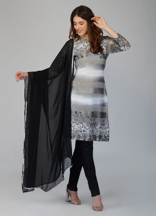 Buy Grey Satin Printed Suit With Trouser & Dupatta