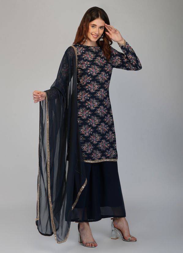 Buy Navy Blue Moss Crepe Printed Suit With Palazzo & Chiffon Dupatta