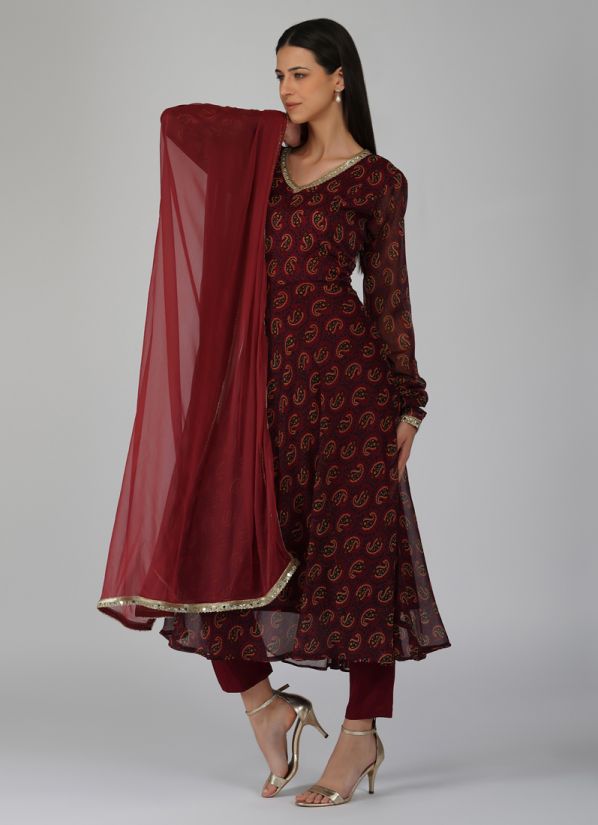 Buy Maroon Georgette Indian Suit with Trouser & Dupatta