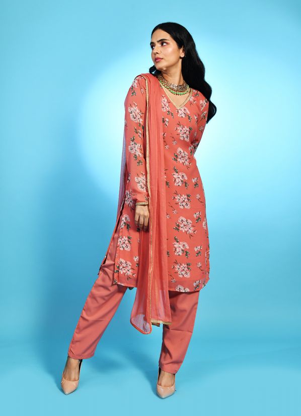 Buy Peach Chiffon Printed Suit With Trouser & Dupatta