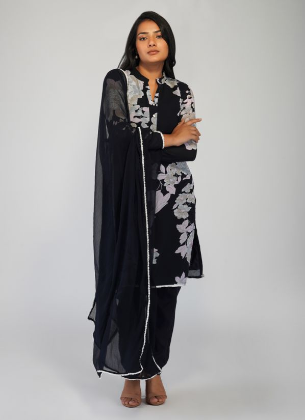Buy Black Printed Suit With Trouser & Dupatta