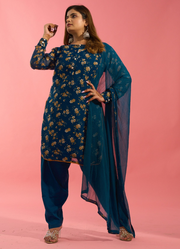 Buy Blue Printed Suit With Salwar & Dupatta