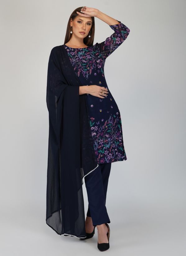 Buy Navy Blue Georgette Floral Printed Indian Suit With Trouser & Dupatta