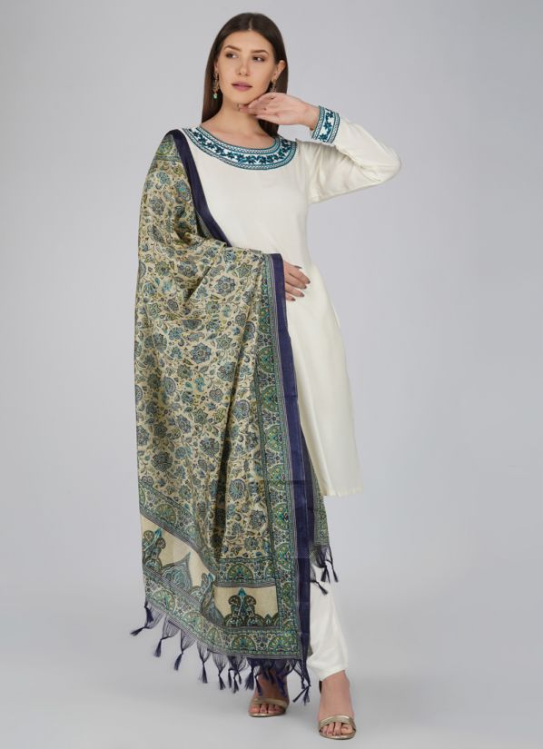 Buy Ivory Rayon Shift Style Digital Silk Dupatta Suit Set