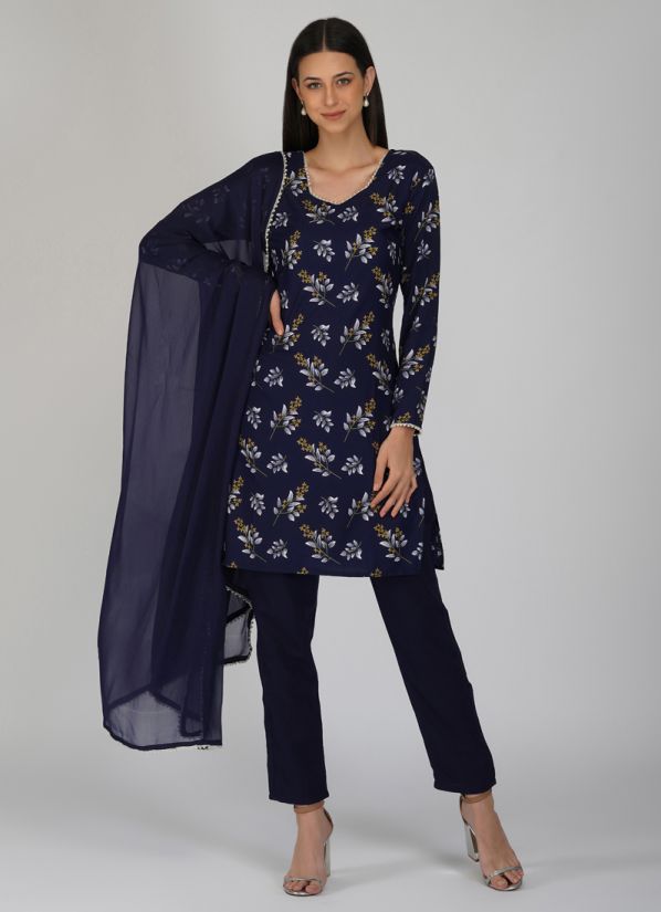 Buy Navy Blue Crepe Indian Suit with Trouser & Dupatta