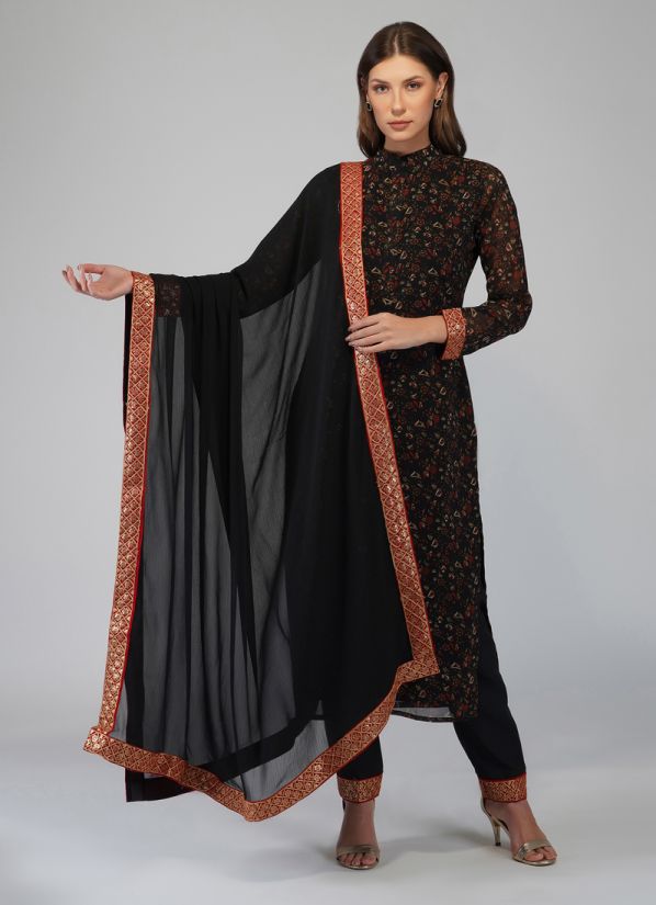 BuyBlack Georgette Indian Suit with Trouser & Dupatta
