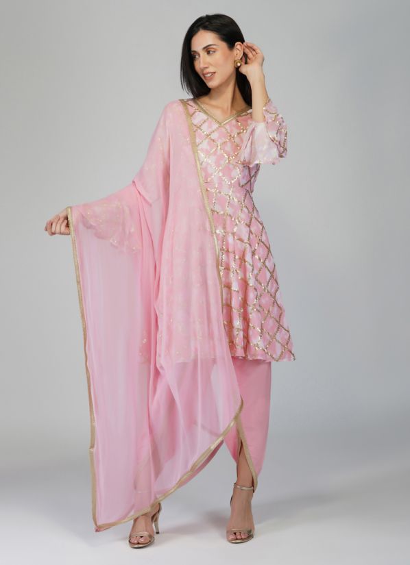 Light Pink Sequin Georgette Peplum Style Suit Set