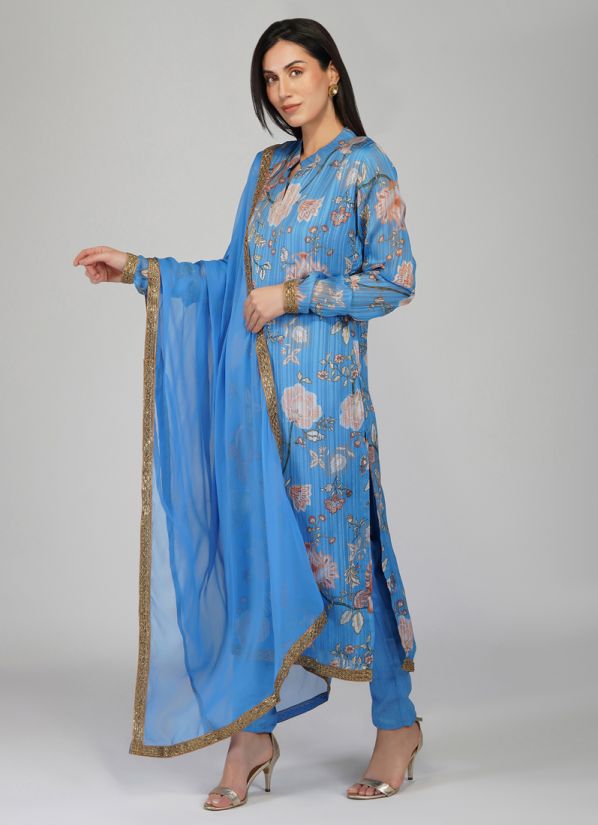 Blue Lurex Straight Cut Printed Suit Set