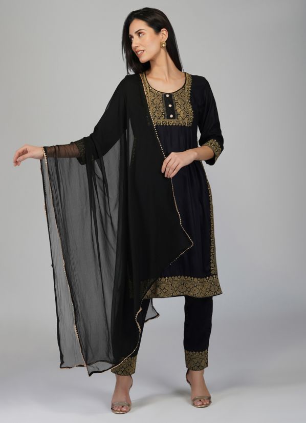 Buy Black Rayon Indian Suit with Trouser & Dupatta