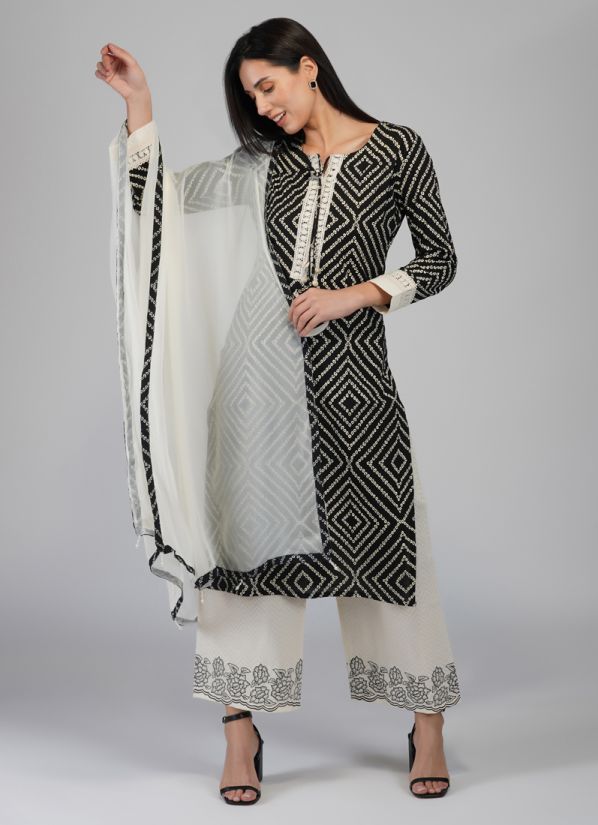Buy Black Cotton Indian Suit with Trouser & Dupatta