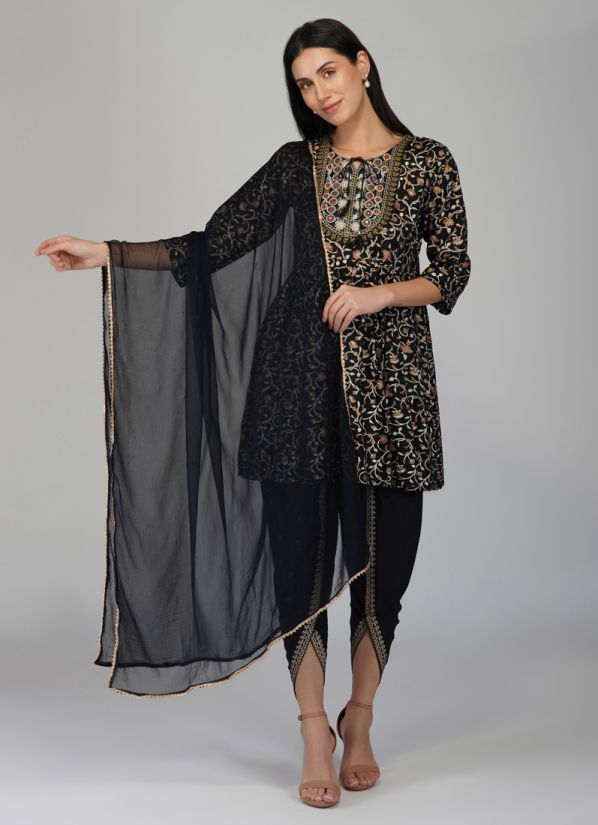 Buy Black Rayon Peplum Indian Suit with Tulip Pant & Dupatta
