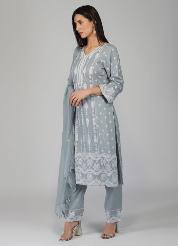 Buy Grey Rayon Indian Suit with Trouser & Dupatta