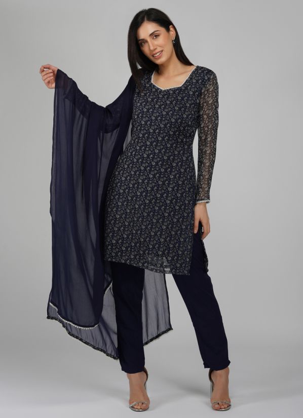 Buy Navy Blue Georgette Indian Suit with Trouser & Dupatta