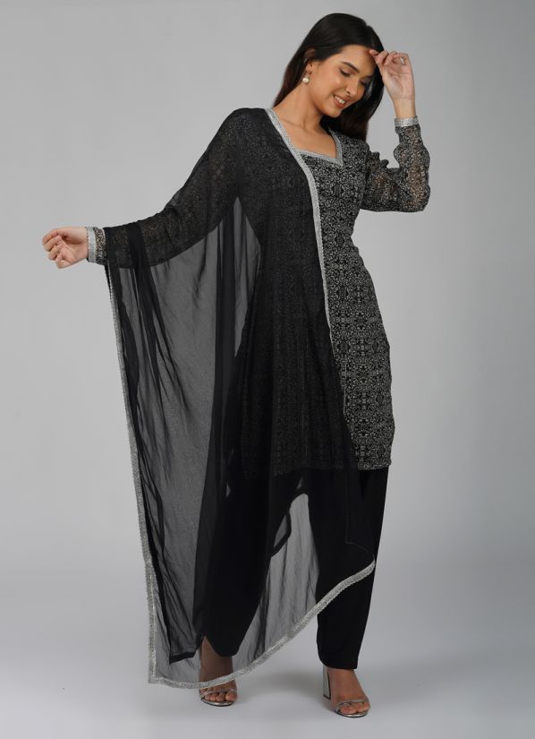 Black Georgette Printed Kameez Salwar Suit Set
