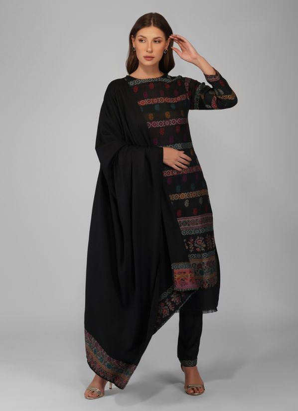 Buy Black Shawl Suit with Trouser & Dupatta