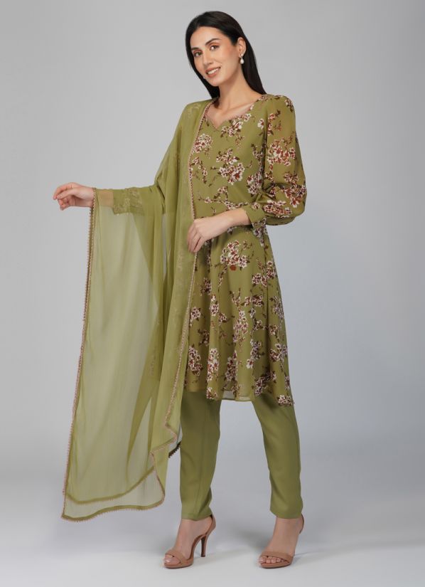 Buy Green Georgette Indian Suit with Trouser & Dupatta