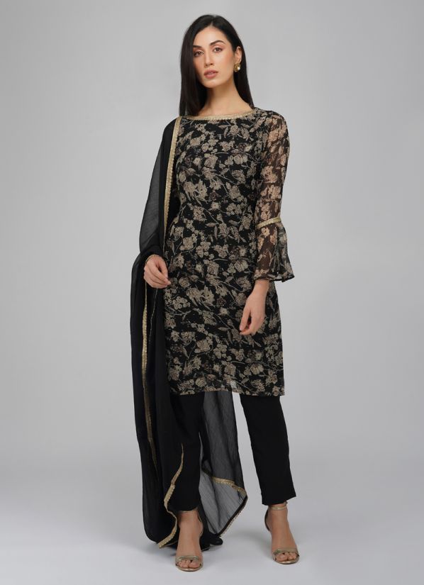 Buy Black Georgette Indian Suit with Trouser & Dupatta