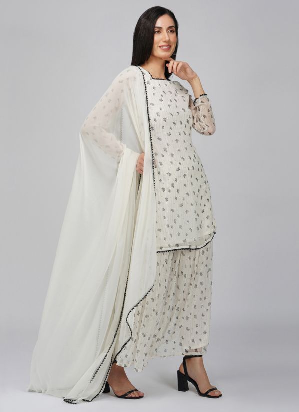 Buy White Georgette Lurex Indian Suit with Palazzo & Dupatta