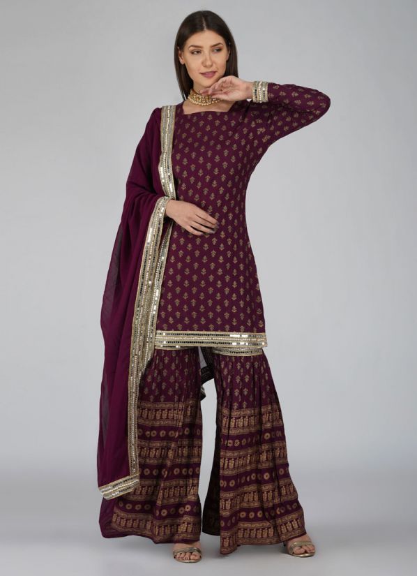 Buy Maroon Rayon Shift Style Gharara Suit Set