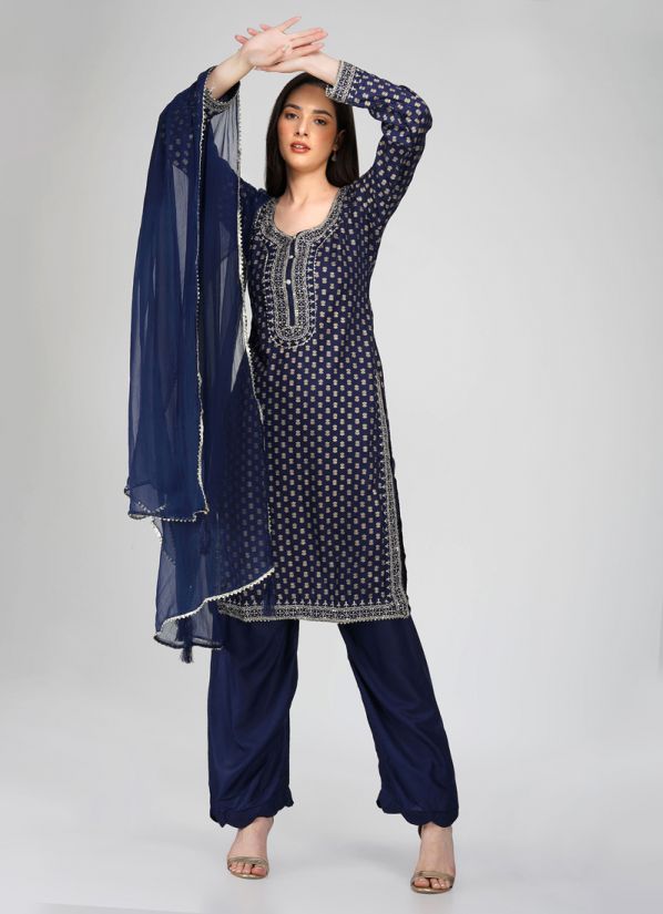 Buy Navy Blue Foil Print Trouser Suit Set