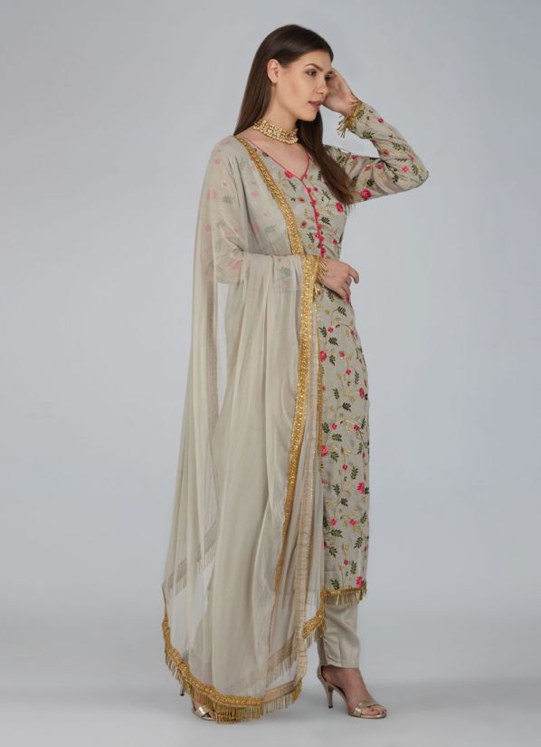 Buy Grey Embroidered Straight Cut Trouser Suit Set