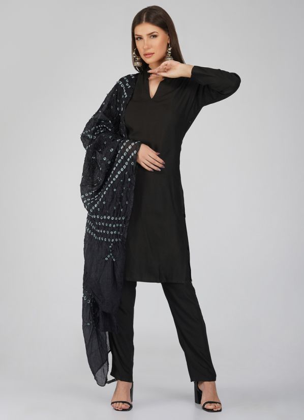 Black Rayon Shift Style Bandhani Dupatta Trouser Suit Set
