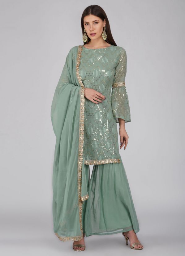 Buy Mint Green Georgette Shift Style Gharara Suit Set