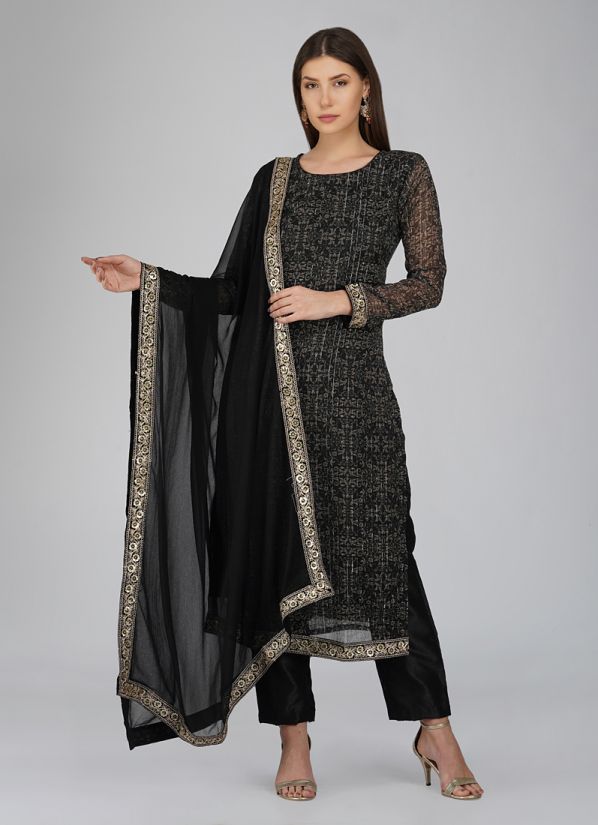 Buy Black Lurex Straight Cut Dupatta Suit Set