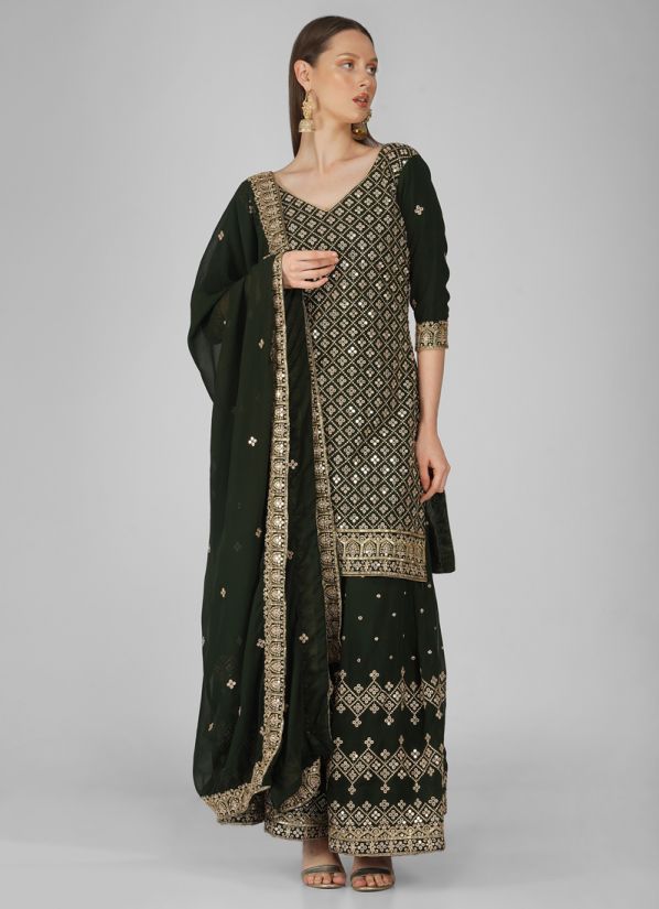 Green Georgette Embroidered Shift Style Gharara Suit Set