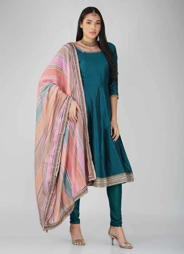 Buy Teal Silk Multicolour Dupatta Suit Set