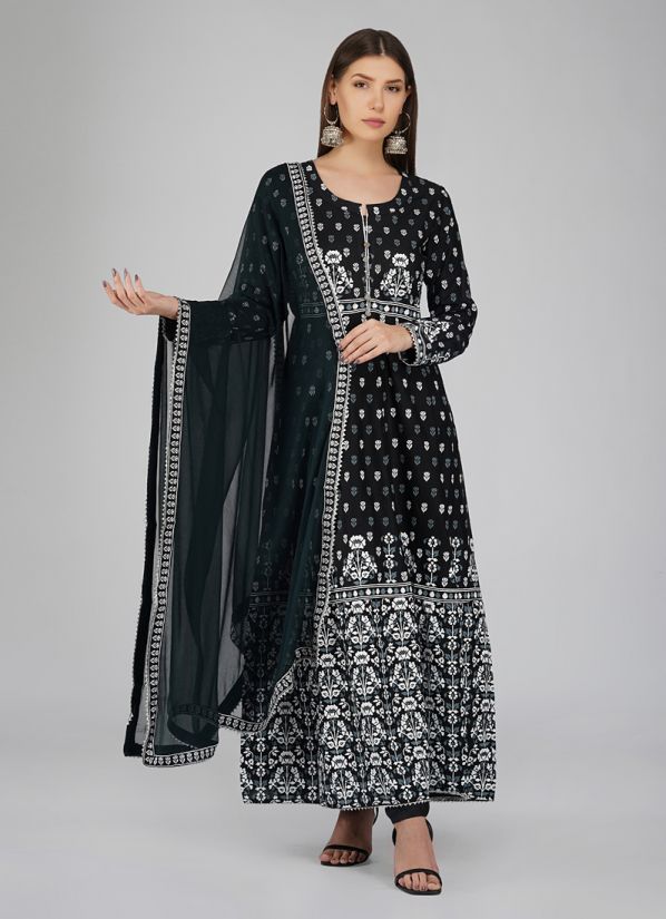 Buy Black Rayon Printed Bias Cut Churidaar Suit Set