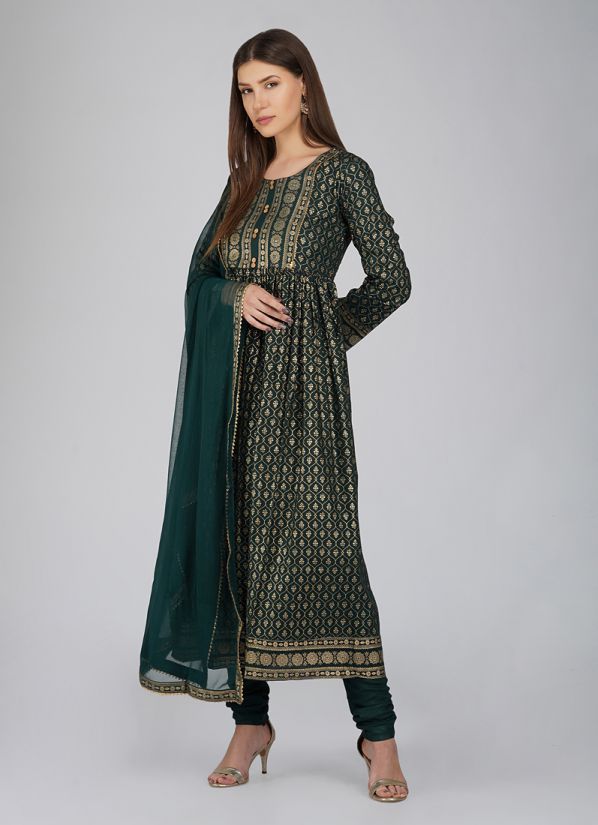 Buy Dark Green Rayon A-Line Trouser Suit Set