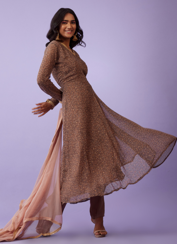 Buy Brown Georgette Printed Bias Cut Suit Set