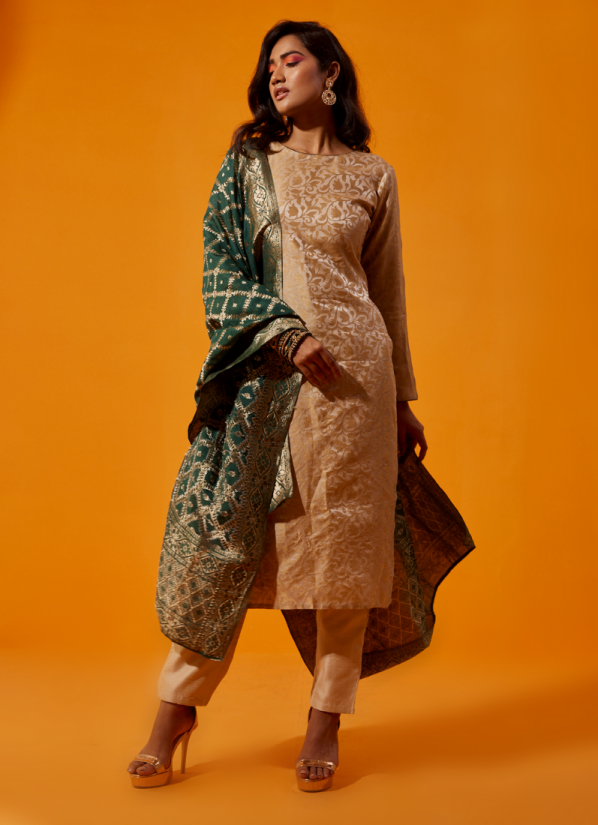 Buy Ivory Jacquard Straight Cut Dupatta Suit Set