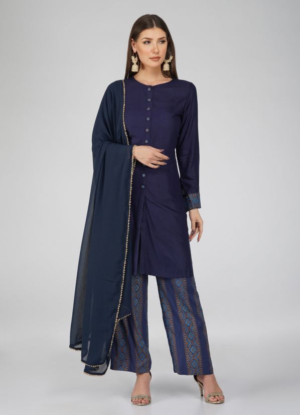 Buy Navy Blue Rayon Indian Suit with Palazzo & Dupatta




















