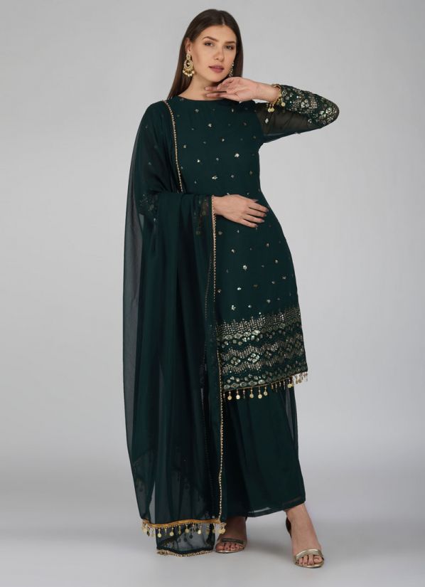 Buy Dark Green Georgette Embroidered Shift Style Gharara Suit Set