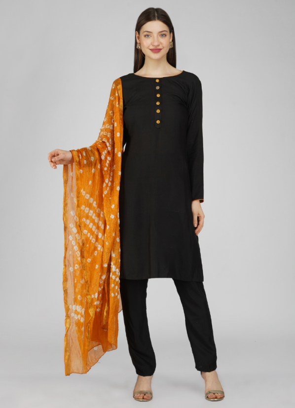 Buy Black Rayon Indian Suit with Trousers & Dupatta




















