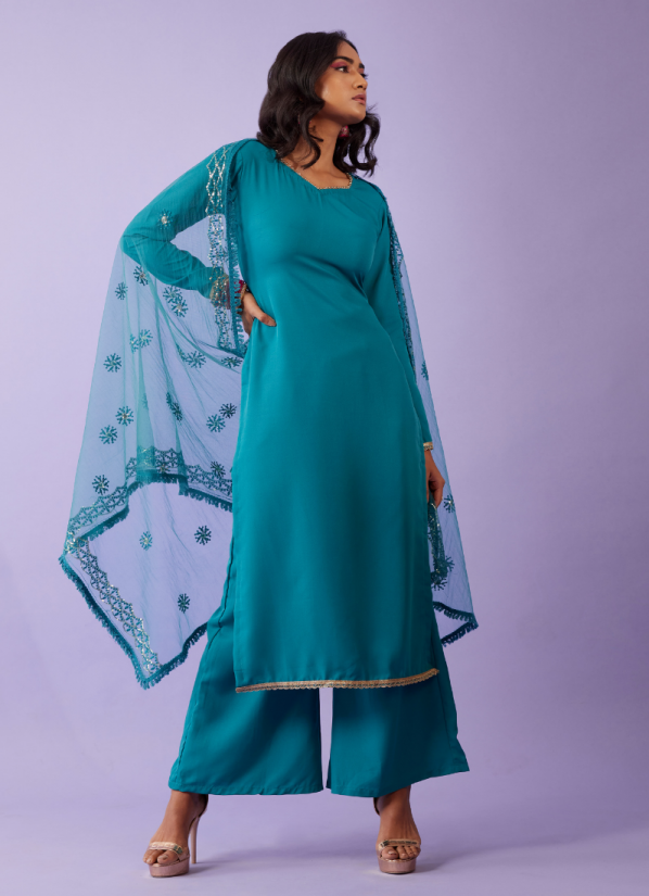 Buy Sea Green Crepe Thread Embroidered Dupatta Suit Set