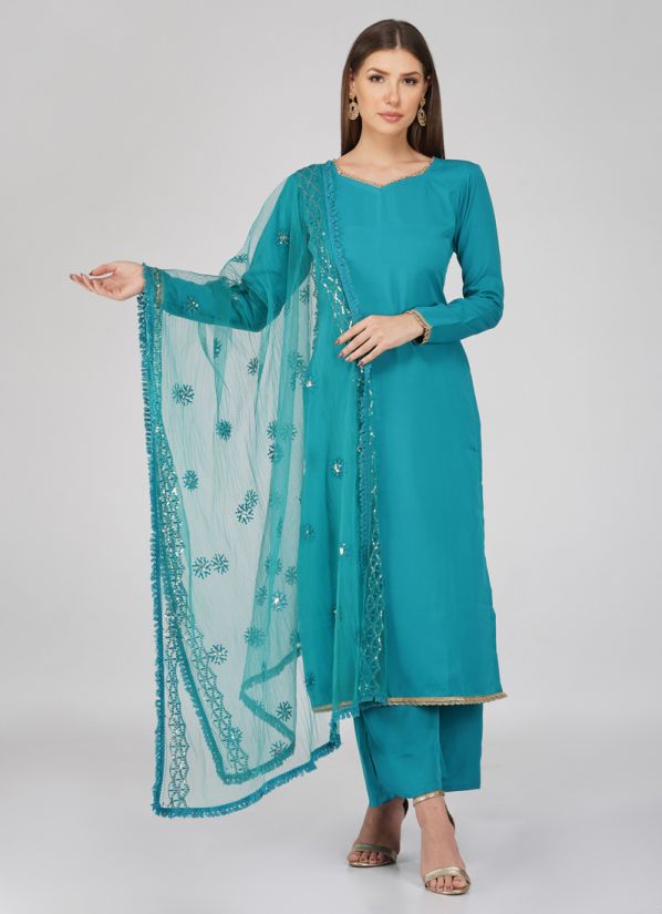 Sea Green Crepe Thread Embroidered Dupatta Suit Set